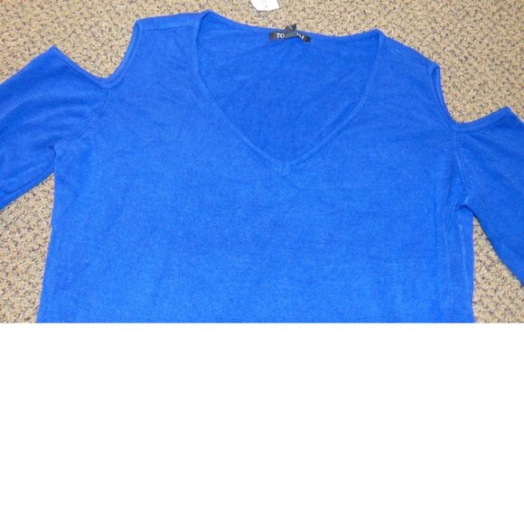 Womens Sweater Roz & Ali Large Blue Long Sleeve Cold Shoulder V-Neck Top - Picture 2 of 3